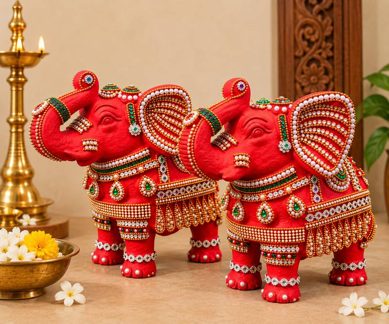 Royal Red Elephant Showpiece Pair | Handcrafted Traditional Elephant Statue | Premium Home Décor - 10 inches
