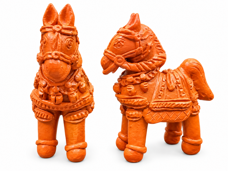 Royal Handmade Terracotta Horse Pair Showpiece | Traditional Indian Horse Statue | Premium Ethnic Home Décor(4inch=H*L=4*4)