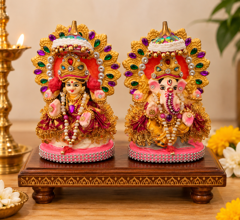 Royal Vinayagar & Lakshmi Pair Kolu Statues | Traditional Handmade Pooja Décor | Festive Home Decoration[5INCH=H*L=5*3]