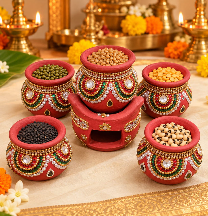 Traditional Decorative Navadhaniyam Terracotta Pot Set with Stove