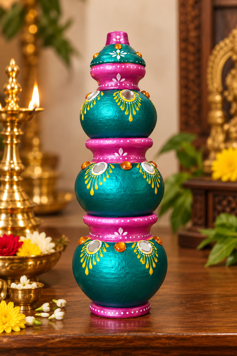 Royal Traditional Pink Gubera Pot – Handcrafted Terracotta Decorative Wealth Pot for Pooja & Home Décor[10inch] - Green