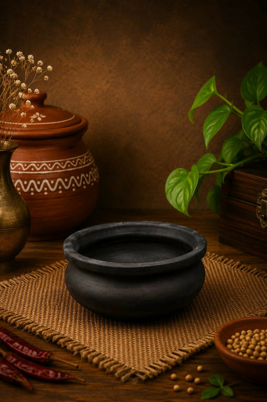 Handmade Black Clay Pot 1litre | Traditional Black Terracotta Cooking Pot | Natural Earthenware for Rice, Curry & Village Style Cooking