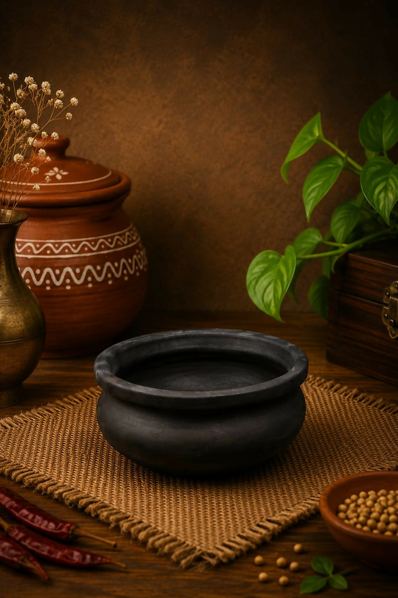 Handmade Black Clay Pot 1litre | Traditional Black Terracotta Cooking Pot | Natural Earthenware for Rice, Curry & Village Style Cooking