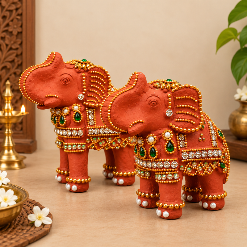 Royal Red Elephant Showpiece Pair | Handcrafted Traditional Elephant Statue | Premium Home Décor - 4 inches