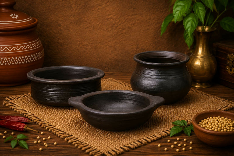 Everyday Cookware Combo – Kadai (1 Litre), Chettinad Kulambu Chatti (3 Litre) & Rice Bowl (2.5 Litre) | 100% Chemical Free & Gas Stove Safe