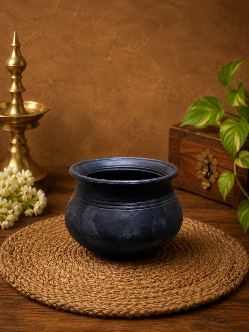 Rice Bowl 2.5 Litre Traditional Black Clay Rice Bowl – Handmade Earthen Serving Bowl | Terracotta Rice Bowl | Natural Cooking & Serving Pot | 100% Chemical Free