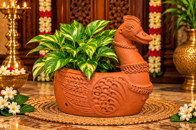 Handcrafted Terracotta Duck Planter – Traditional Decorative Clay Planter - 8 inch - Terracotta color