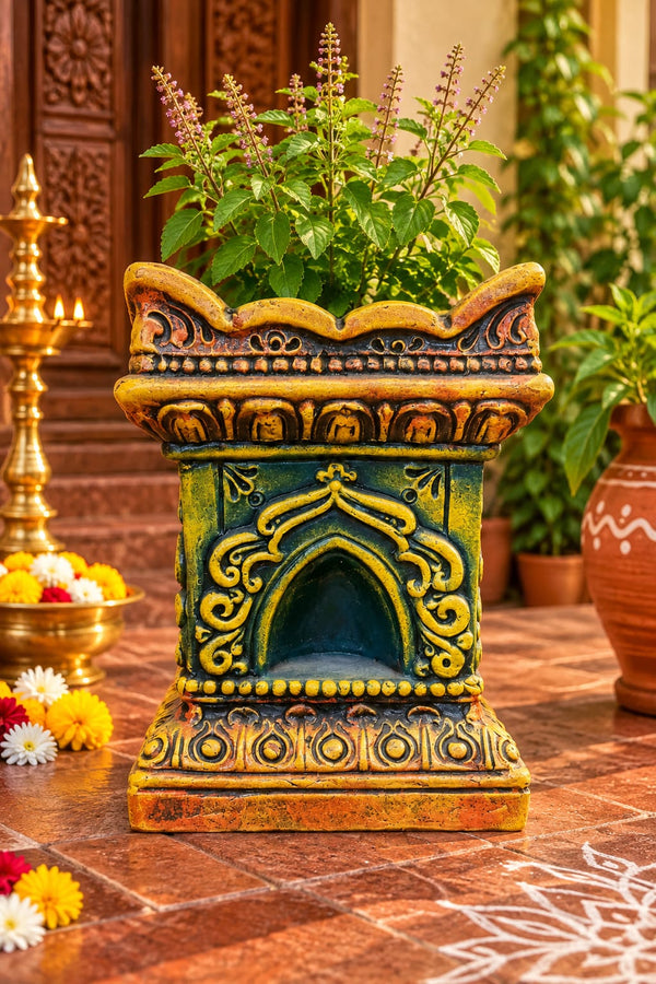 Multicolor Royal Traditional Terracotta Thulasi Maadam | Traditional Handmade Tulsi Brindavan | Divine Pooja Home Décor - 11 inches