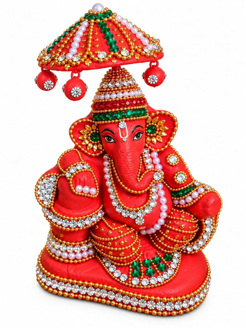Royal Divine Stone Work Terracotta Umbrella Vinayagar Statue | Traditional Handmade Ganesha Idol(7inch=H*L=7*5)