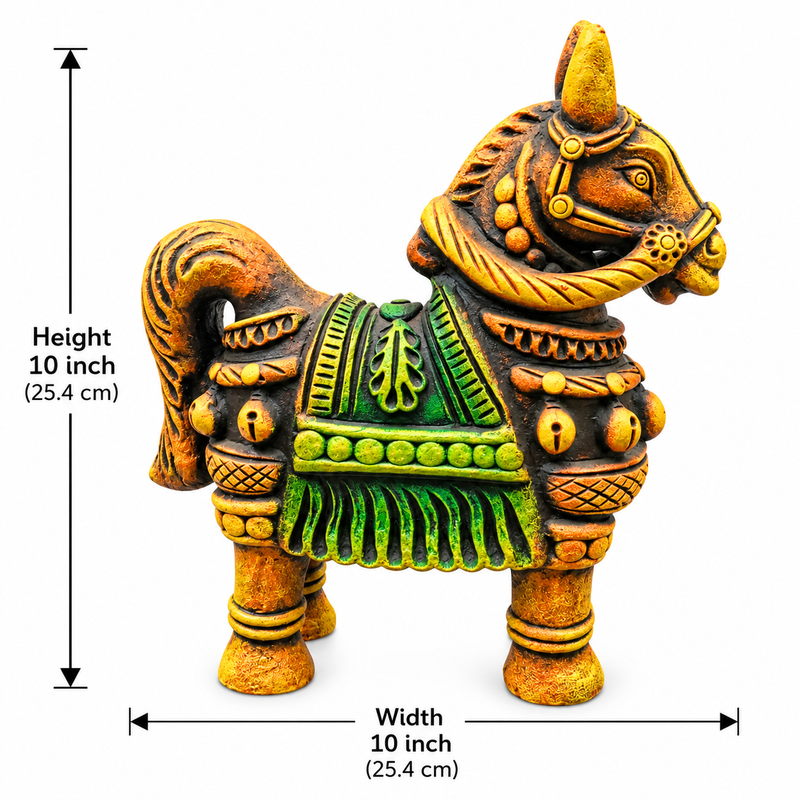 Royal Handmade Terracotta Multi color Horse Pair Showpiece | Traditional Indian Horse Statue | Premium Ethnic Home Décor - 10 inches