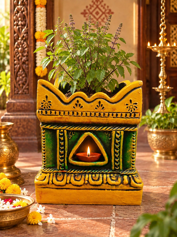 Multicolor Royal Traditional Terracotta Thulasi Maadam | Traditional Handmade Tulsi Brindavan | Divine Pooja Home Décor - 12 inches