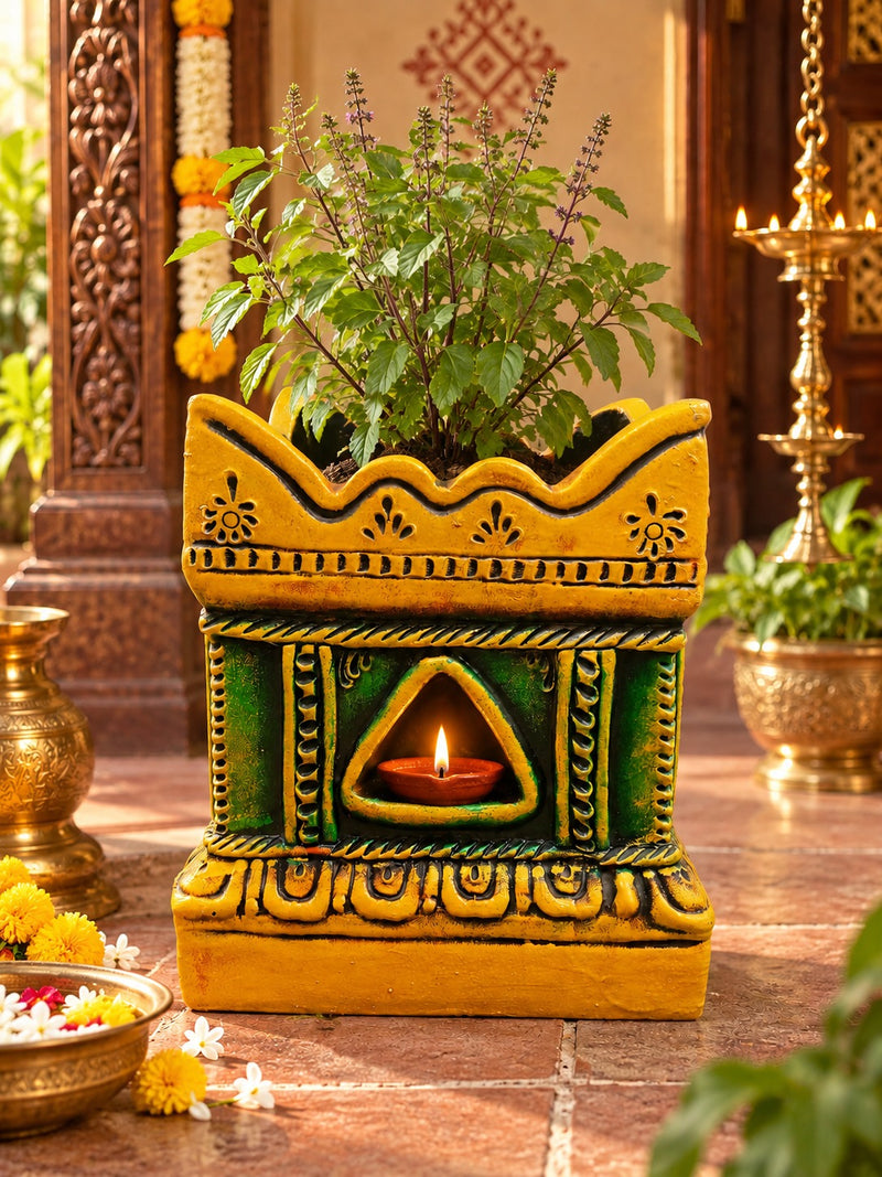 Multicolor Royal Traditional Terracotta Thulasi Maadam | Traditional Handmade Tulsi Brindavan | Divine Pooja Home Décor - 12 inches