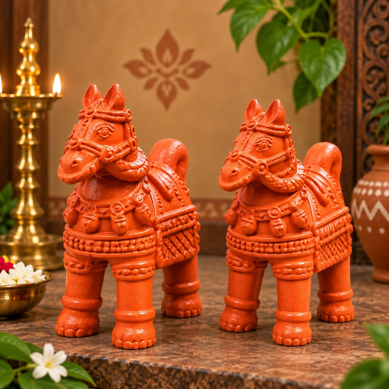 Royal Handmade Terracotta Horse Pair Showpiece | Traditional Indian Horse Statue | Premium Ethnic Home Décor - 4 inches