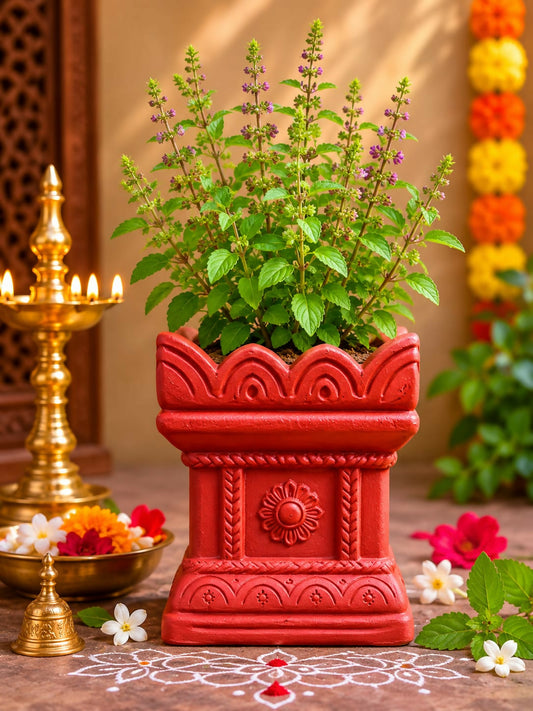 Terracotta Gardening Brindavan Tulasi Pot with Drainage Hole at Bottom – 3 Inch (Terracotta Color) | Handmade Tulsi Planter for Home & Pooja Decor