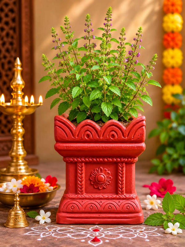 Terracotta Gardening Brindavan Tulasi Pot with Drainage Hole at Bottom – 3 Inch (Terracotta Color) | Handmade Tulsi Planter for Home & Pooja Decor
