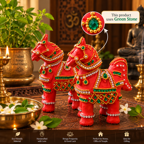 Royal Handmade Terracotta Stone Work Horse Pair Showpiece | Traditional Indian Horse Statue | Luxury Ethnic Home Décor - 7 inches