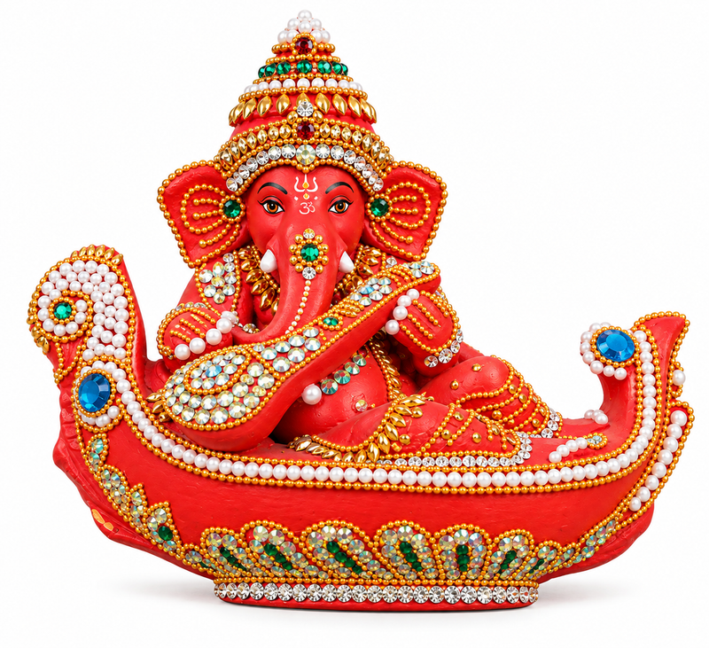 Royal Terracotta Stone Work Boat Vinayagar Statue | Traditional Handmade Ganesha Décor(7inch=H*L=7*8)