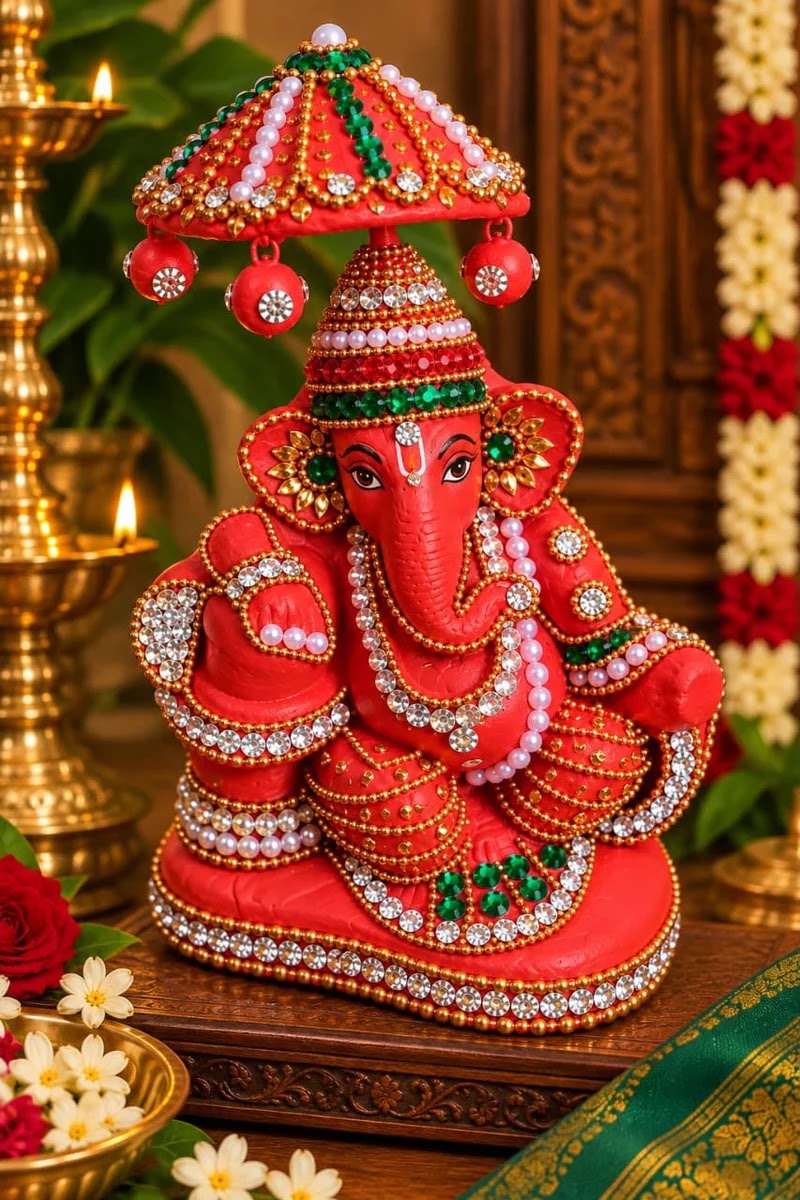 Royal Divine Stone Work Terracotta Umbrella Vinayagar Statue | Traditional Handmade Ganesha Idol