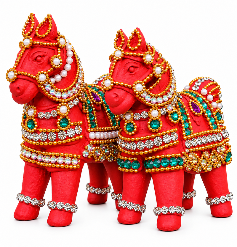 Royal Handmade Terracotta Stone Work Horse Pair Showpiece | Traditional Indian Horse Statue | Luxury Ethnic Home Décor - 4 inches