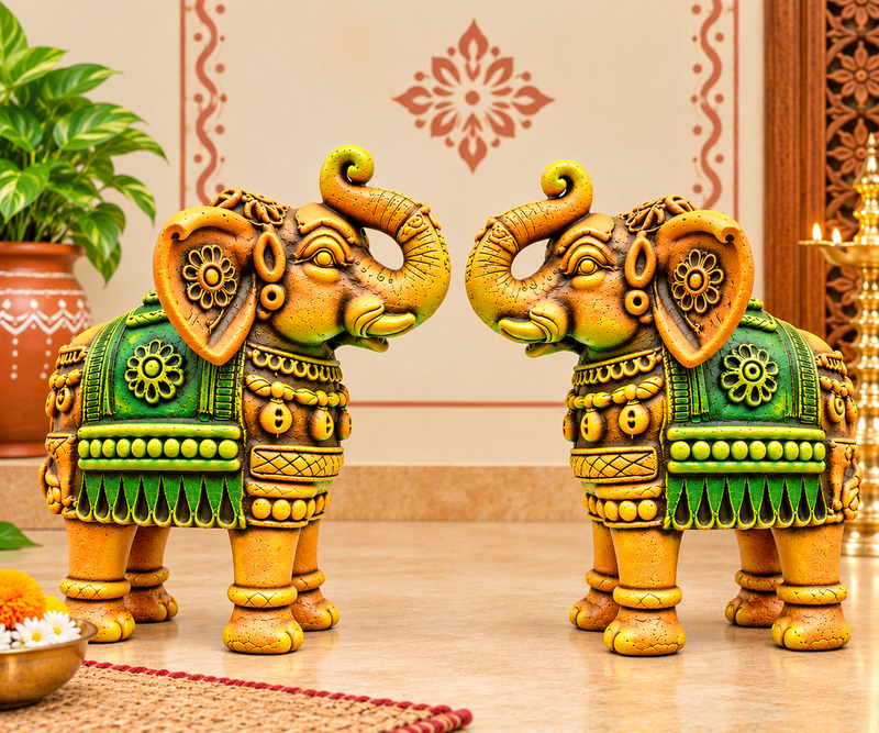 Royal Handmade Multi Color Terracotta Elephant Pair Showpiece | Traditional Indian Elephant Statue | Green & Yellow Luxury Home Décor - 10 inch