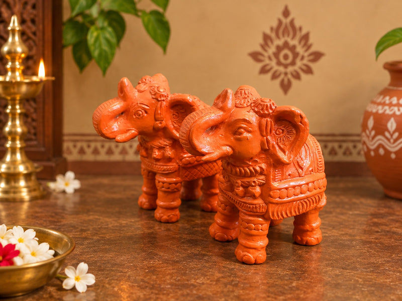 Royal Luxury Terracotta Elephant Pair Showpiece | Traditional Handmade Indian Elephant Statue | Premium Home Décor - 6 inches