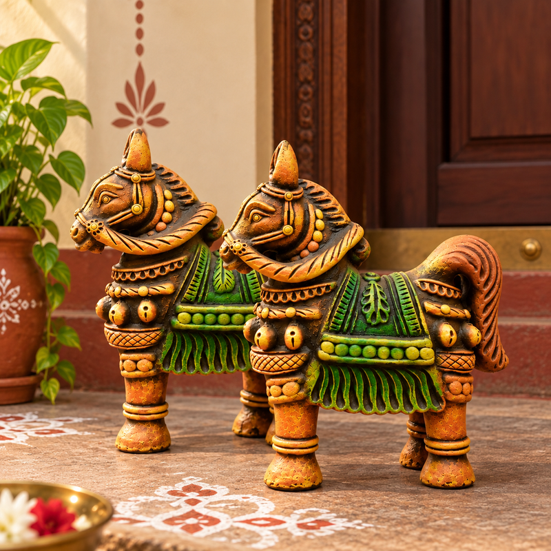 Royal Handmade Terracotta Multi color Horse Pair Showpiece | Traditional Indian Horse Statue | Premium Ethnic Home Décor(10INCH=H*L=10*10)
