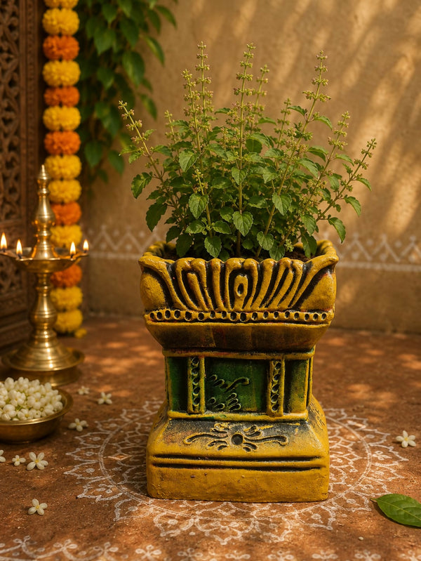 Terracotta Gardening Brindavan Tulasi Pot with Drainage Hole at Bottom – 9 Inch (Multi Color) | Handmade Tulsi Planter for Home & Garden