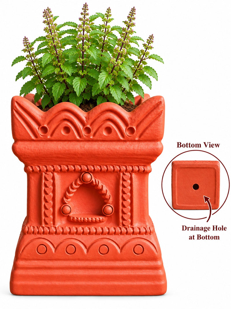 Royal Traditional Terracotta Thulasi Pot | Handmade Decorative Tulasi Maadam Planter for Home & Pooja Room - 6 inches