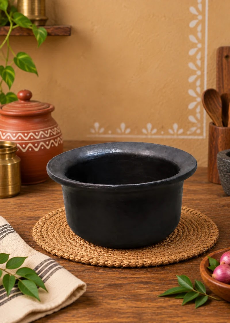 Royal Earthen Black Clay Batter Bowl Handmade Terracotta Idli & Dosa Batter Pot | Traditional South Indian Kitchenware - 1.50 LITRES
