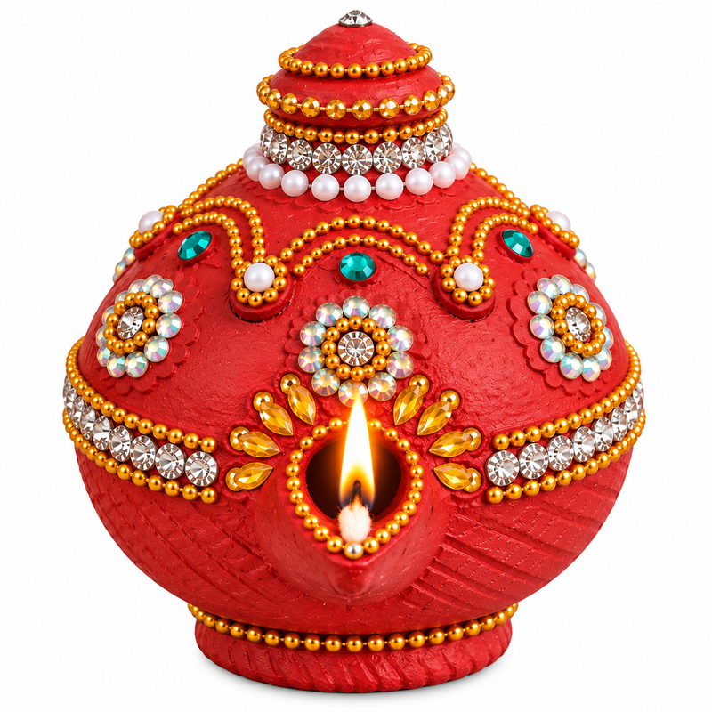 Royal Terracotta Stone Work Magic Vilakku | Traditional Handmade Magic Lamp | Decorative Pooja Diya[4inch=H*L=4*4]