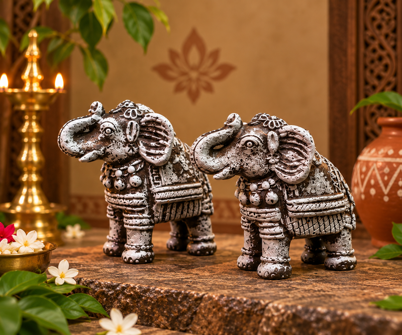 Royal Stone Color Terracotta Elephant Pair Showpiece | Traditional Indian Handmade Elephant Statue | Luxury Home Décor 4 inch