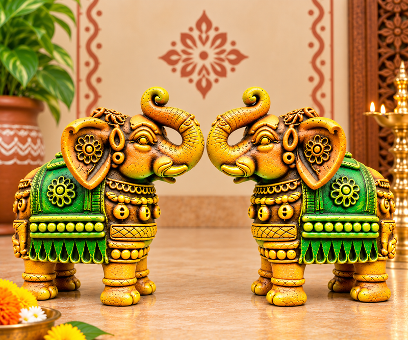 Royal Handmade Multi Color Terracotta Elephant Pair Showpiece | Traditional Indian Elephant Statue | Green & Yellow Luxury Home Décor - 4 inch