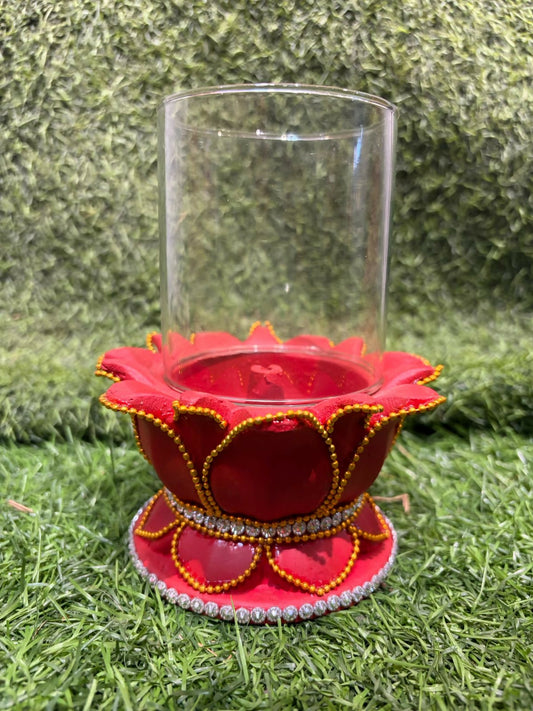 Handmade Lotus Crystal Glass Candle Holder | Decorative Terracotta Tea Light Stand | Traditional Diya & Candle Decor