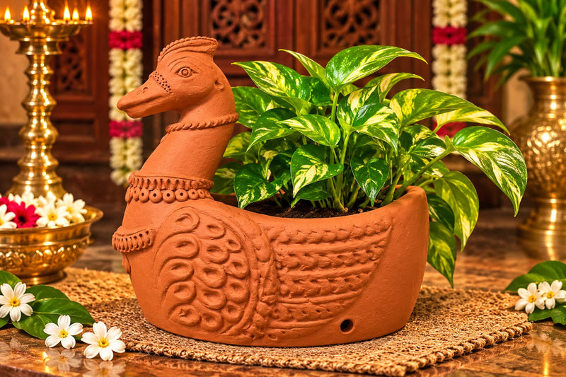 Handcrafted Terracotta Duck Planter – Traditional Decorative Clay Planter - 8 inch - Terracotta color