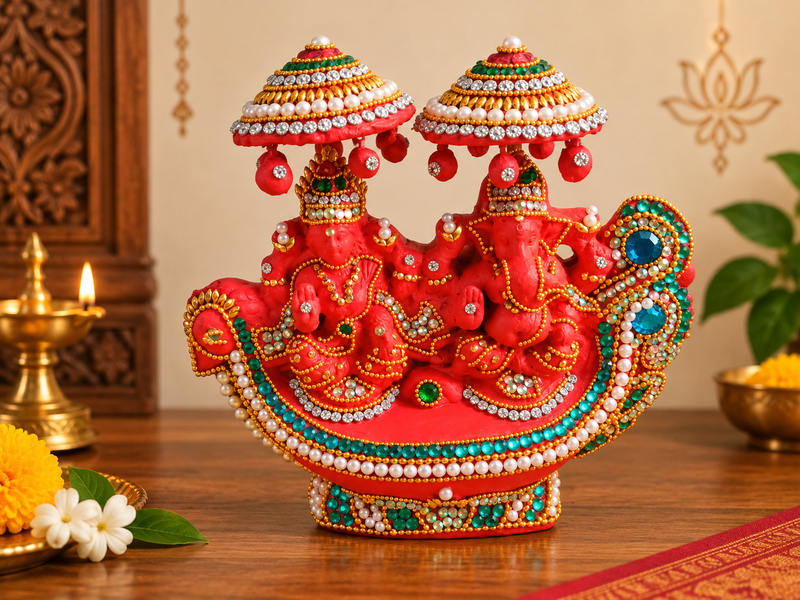 Royal Lakshmi & Vinayagar Stone Work Terracotta Idol | Traditional Divine Handmade Pooja Décor[7inch=H*L=7*7]