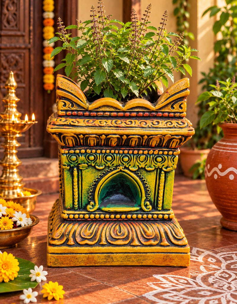 Multicolor Royal Traditional Terracotta Thulasi Maadam | Traditional Handmade Tulsi Brindavan | Divine Pooja Home Décor - 15 inches