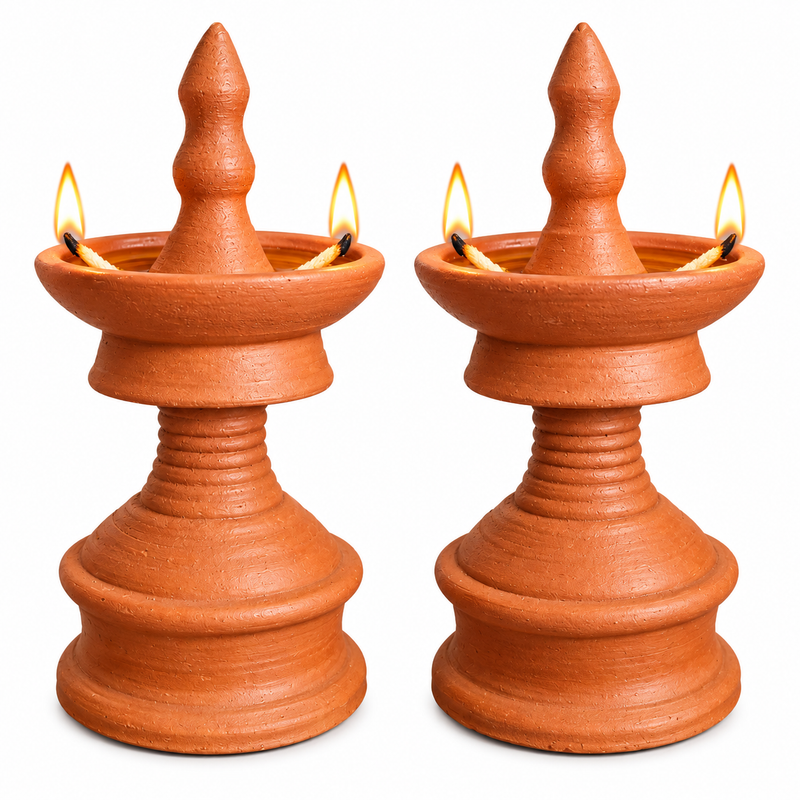 Royal Terracotta Kuthu Vilakku Pair | Traditional Handmade Clay Oil Lamps | Elegant Pooja & Home Décor[8INCH=H*L=8*4]