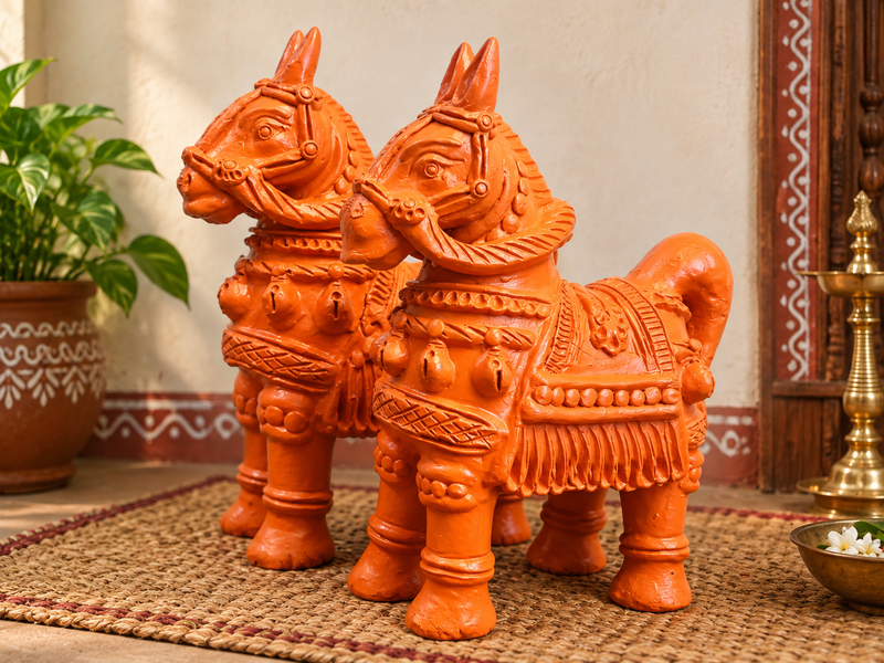 Royal Handmade Terracotta Horse Pair Showpiece | Traditional Indian Horse Statue | Premium Ethnic Home Décor(12inch=H*L=12*12)