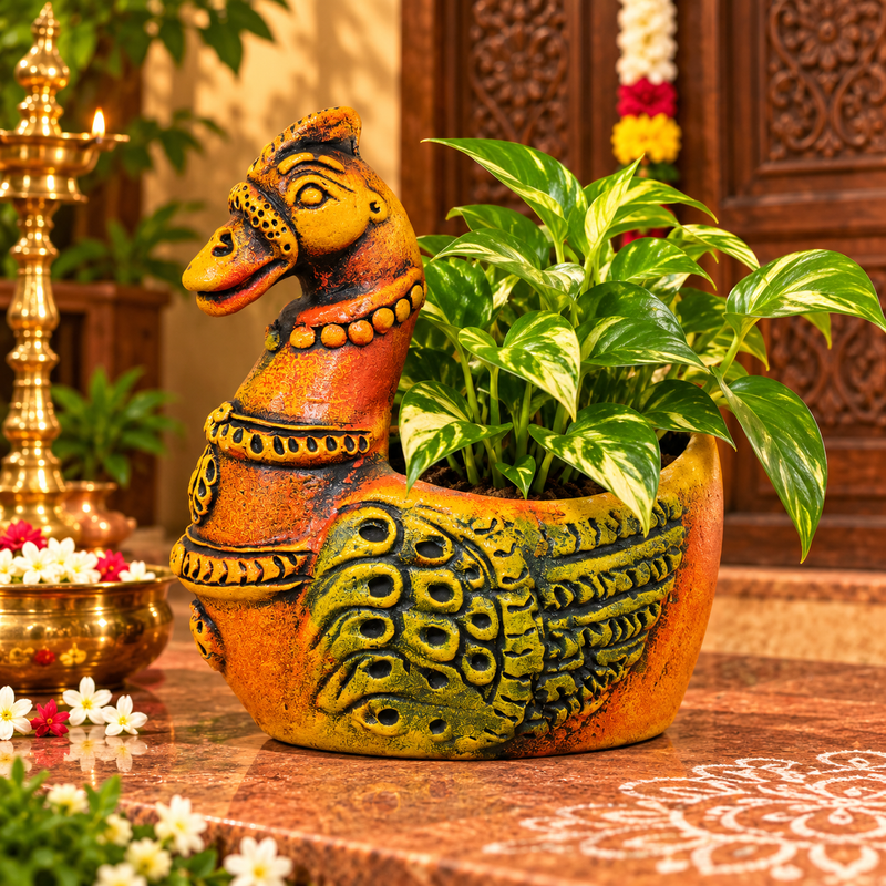 Handcrafted Terracotta Duck Planter – Traditional Decorative Clay Planter - 8 inch - Multi color