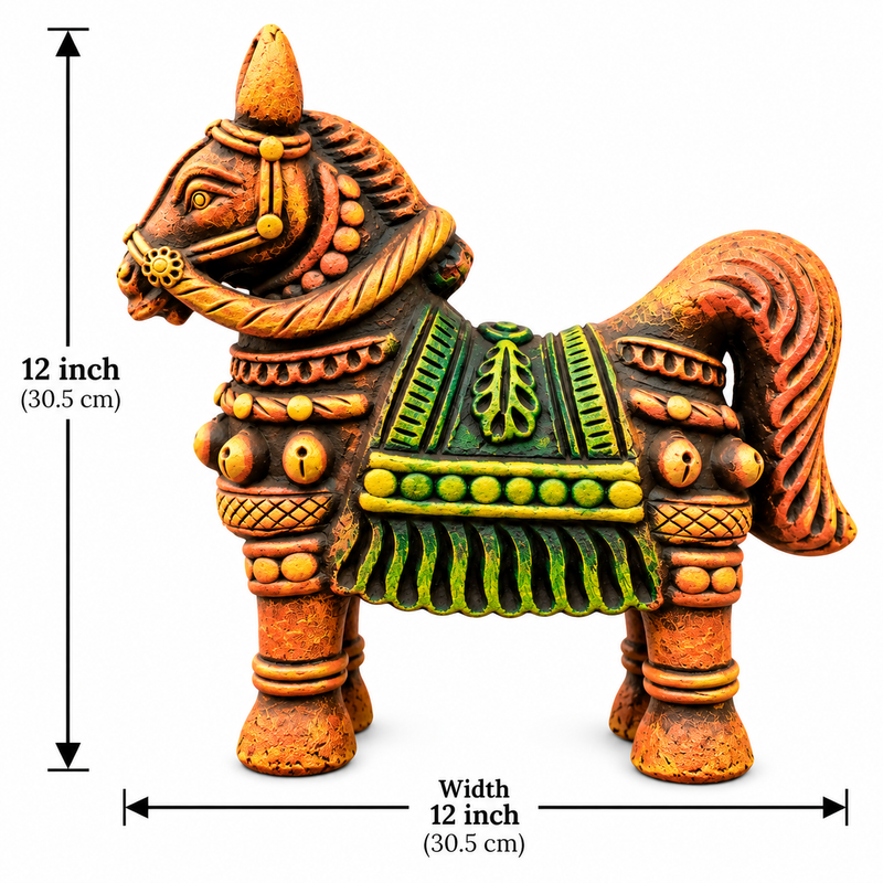 Royal Handmade Terracotta Multi color Horse Pair Showpiece | Traditional Indian Horse Statue | Premium Ethnic Home Décor - 12 inches