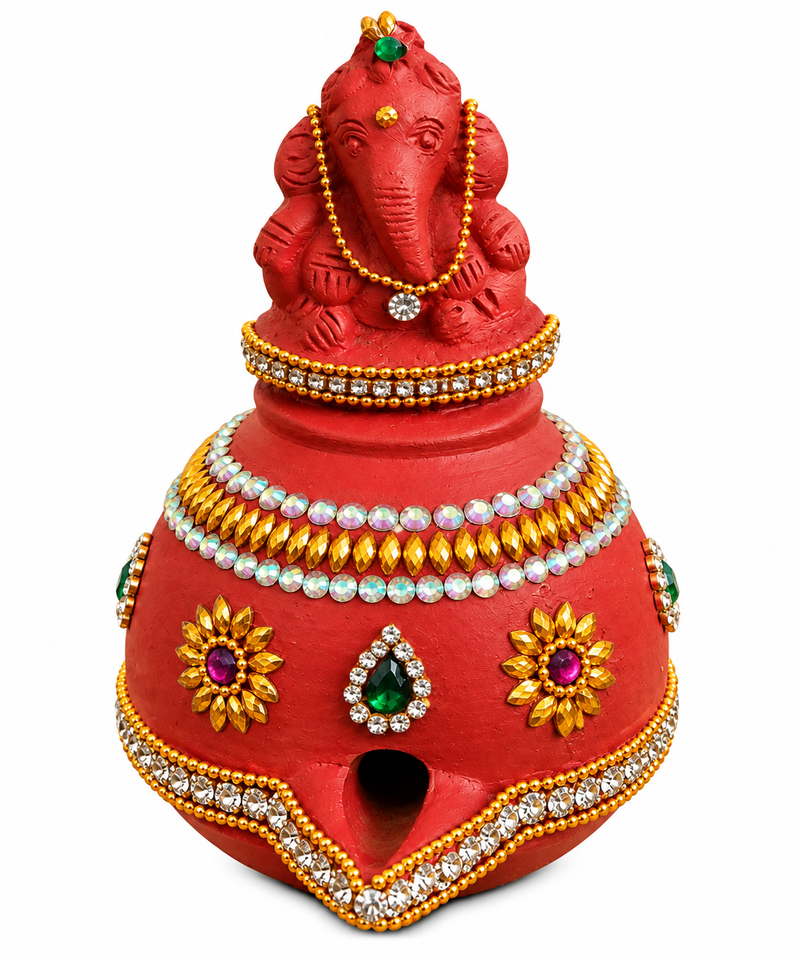 Royal Terracotta Stone Work Magic Vilakku | Traditional Handmade Ganesha Oil Lamp | Decorative Pooja Diya[5INCH=H*L=5*4]