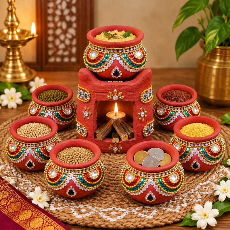 Multicolor Royal Traditional Terracotta Thulasi Maadam | Traditional Handmade Tulsi Brindavan | Divine Pooja Home Décor - 7 pots