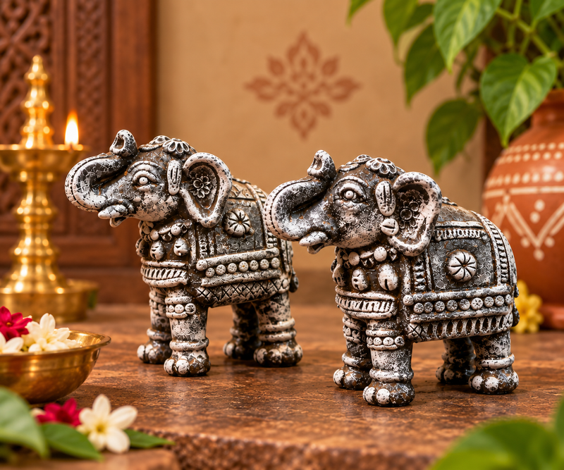 Royal Stone Color Terracotta Elephant Pair Showpiece | Traditional Indian Handmade Elephant Statue | Luxury Home Décor 6 inch