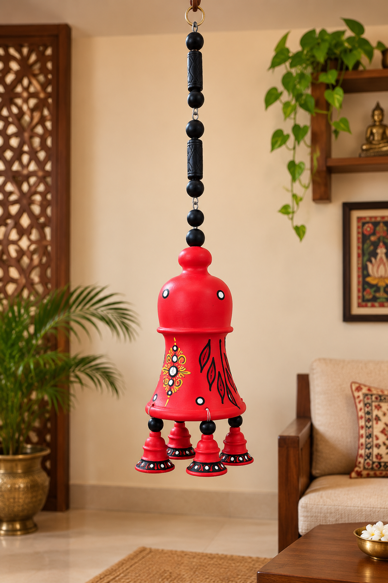 Royal Handmade Terracotta Yellow Hanging Dome Bell |7 Bells| | Traditional Indian Decorative Hanging Bell | Ethnic Home Décor[21inch=H*L=21*7]