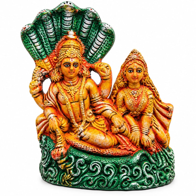 Royal Multicolor Vishnu & Sridevi Statue | Terracotta Lord Vishnu with Goddess Sridevi | Traditional Handmade Hindu God Idol[9inch=H*L=9*8]