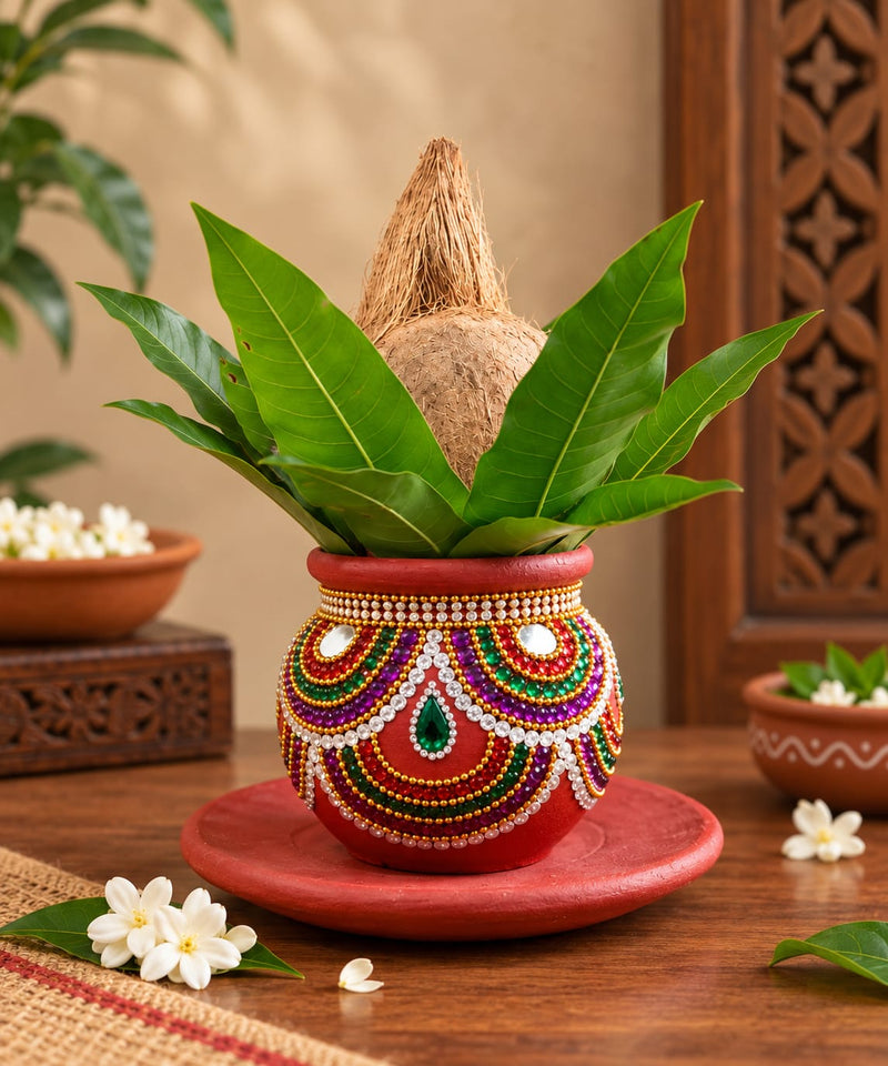 Divine Terracotta Kalasam Pot | Traditional Handmade Pooja Kalash | Decorative Art Work for Home & Temple[4inch=H*L=4*3.5] - Stone pot[4*3.5]