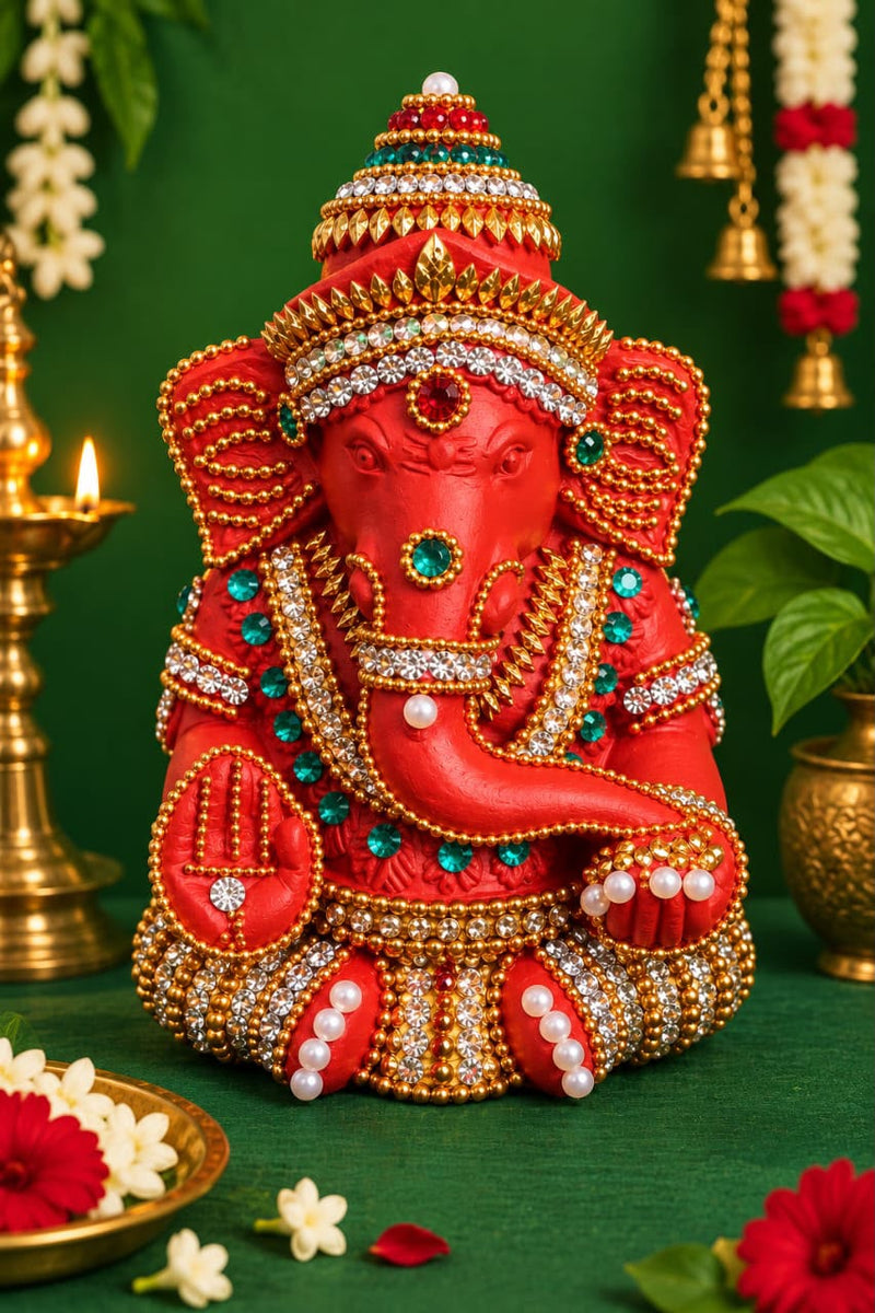 Royal Stone Work Vinayagar Statue | Divine Handmade Ganesha Idol with Traditional Stone Embellishment | Premium Pooja Décor[5inch=H*L=5*4]