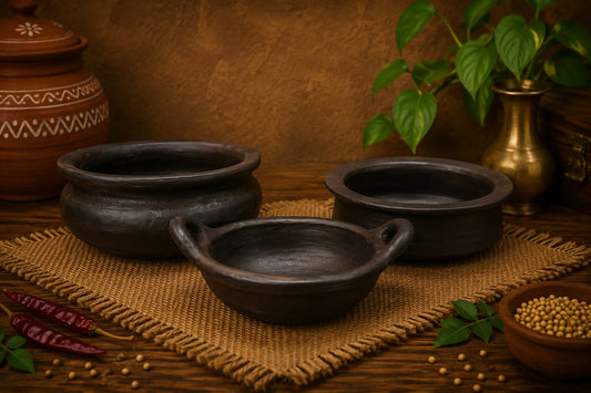 Everyday Cookware Combo – Kadai (1 Litre), Chettinad Kulambu Chatti (2 Litre) & Meen Kulambu Chatti (3 Litre) | 100% Chemical Free & Gas Stove Safe