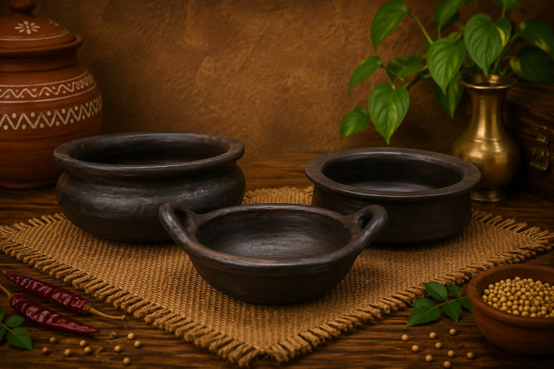 Everyday Cookware Combo – Kadai (1 Litre), Chettinad Kulambu Chatti (2 Litre) & Meen Kulambu Chatti (3 Litre) | 100% Chemical Free & Gas Stove Safe