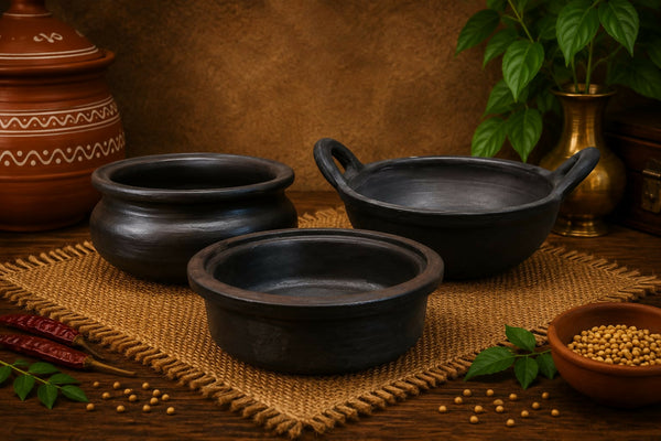 Product Title  Everyday Cookware Combo – Appam Kadai (1 Litre), Milk Pan (1 Litre) & Batter Bowl (1.5 Litre) | Handmade Black Clay Cookware | 100% Chemical Free & Gas Stove Safe